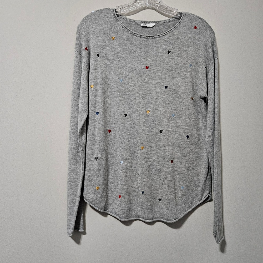 Brit Ny Grey Embroidered Heart Knit Sweater Cashmere Blend Crewneck Womens Small